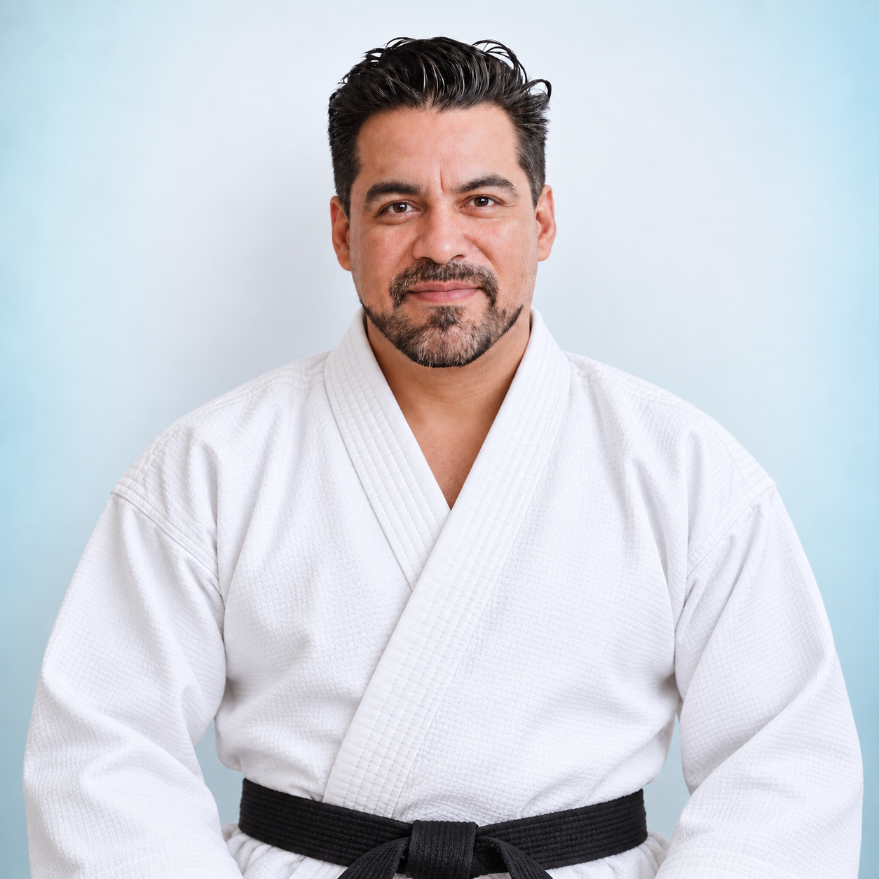 Raúl Cortez con uniforme blanco de artes marciales y cinturón negro